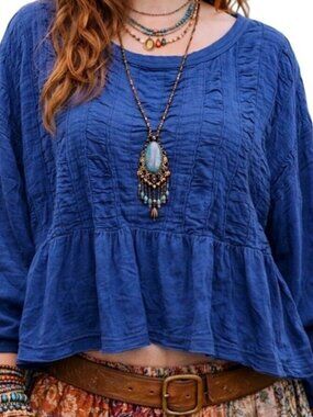 Anthropologie Pilcro XL 100% Cotton Blue Cropped Boho  Festival Peasant Top